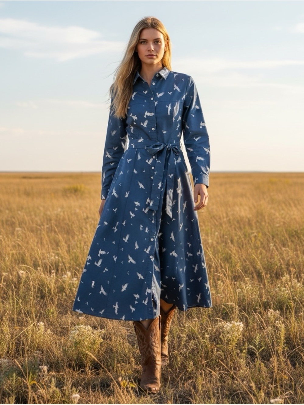 Linenvibes Eagle Bird Novelty Print Cotton Long Sleeve Blue Maxi Shirt Dress L